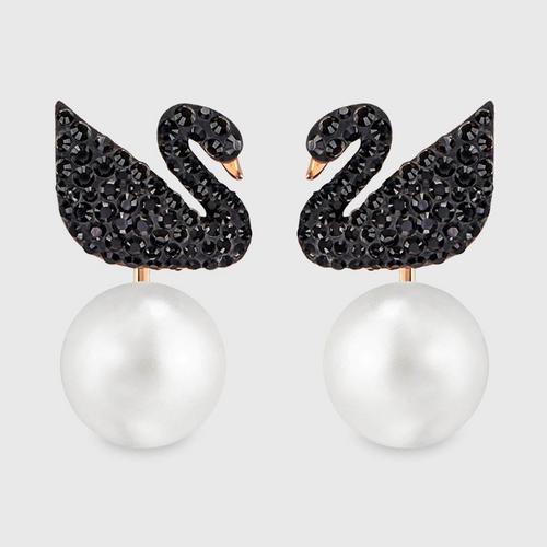 施华洛世奇 SWAROVSKI ICONIC SWAN 穿孔耳环花托, 黑色, 镀玫瑰金色调 颜色: 黑色 长度: 2.5 厘米