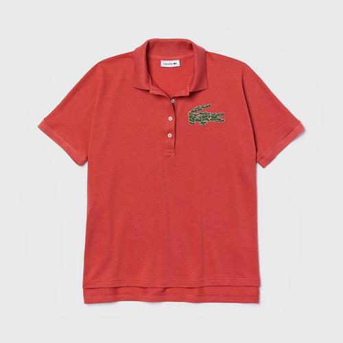 LACOSTE Women's Relaxed Fit Croco Magic Logo Piqué Polo (Pink) - Size L