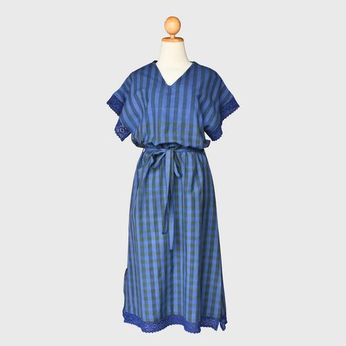 LEELAFAI - Mud dyed natural indigo v neck dress loose sleeve. Size M