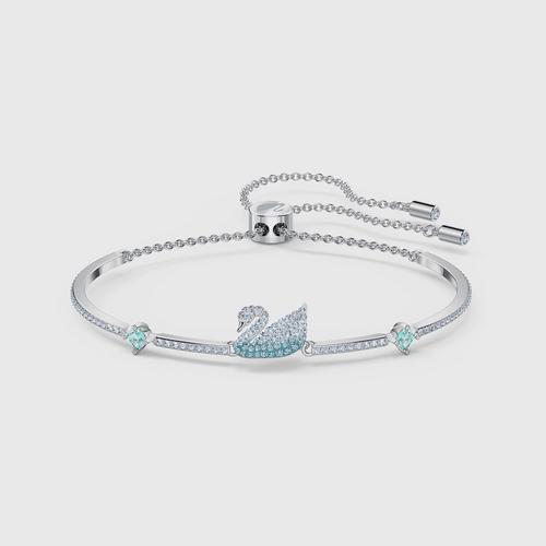 SWAROVSKI Iconic Swan Bangle, Blue, Rhodium Plated Size M