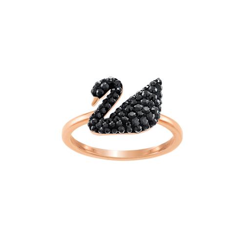 SWAROVSKI Iconic Swan Ring, Black, Rose gold plating-Size 55