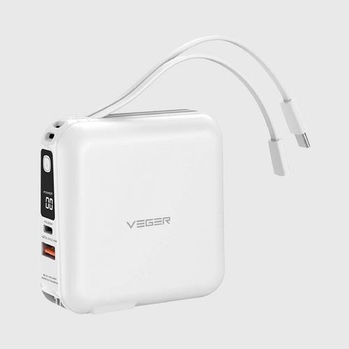 Veger W1001W 10,000 mAh wireless charging, PD/PPS20W, QC3.0,built-incable and adapter, digital display - White
