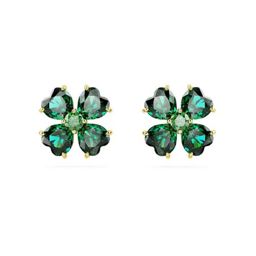 施华洛世 SWAROVSKI Idyllia stud earrings, Clover, Green, Gold-tone plated
