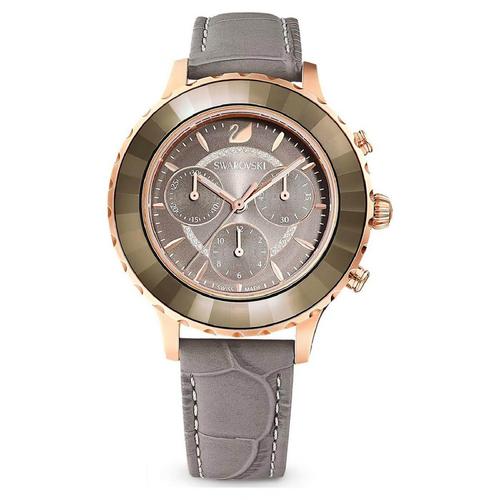 施华洛世 SWAROVSKI (手表) Octea Lux Chrono Watch Swiss Made, Leather Strap,Gray, Rose gold-Tone Finish