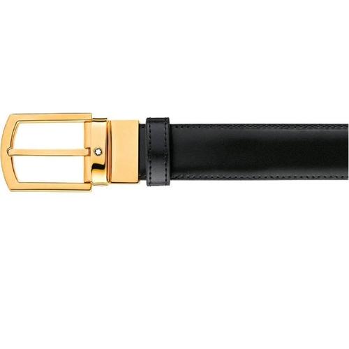 MONTBLANC Belt Classic Line Rectangular Curved Shiny Yellow-Gold-Coated
Pin Buckle with Reversible Black Brown Strap