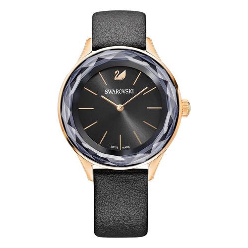 SWAROVSKI Octea Nova Watch, Leather strap, Black, Rose-gold tone PVD