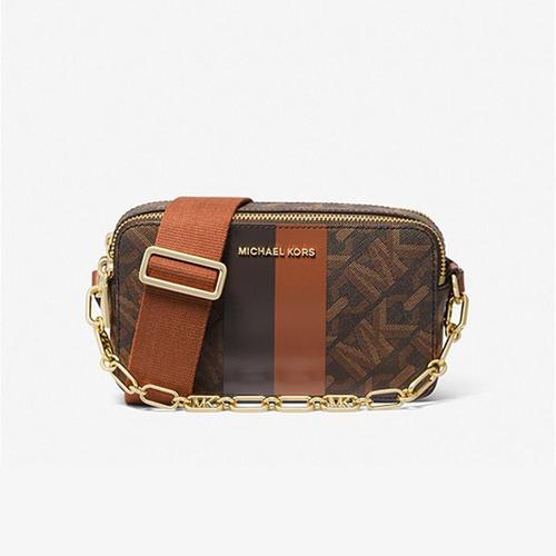 MICHAEL KORS Jet Set Small Empire Signature Logo Stripe Double-ZipCamera Bag Brown Luggage