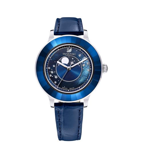 SWAROVSKI Octea Lux Moon Watch, Leather Strap, Dark blue, Stainless steel