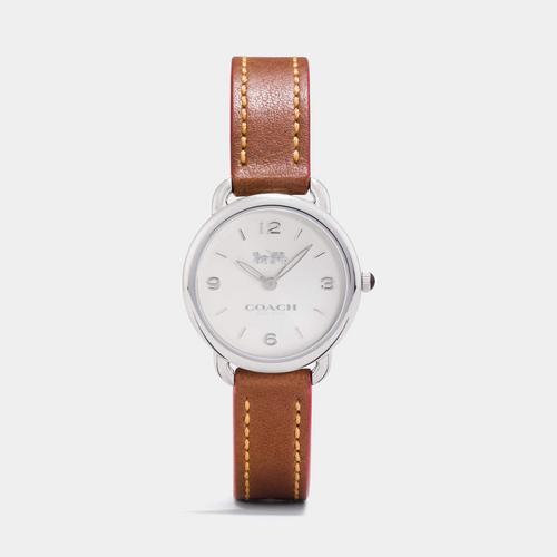 COACH 36 mm. Delancey Ladies Watch Slim Dial Brown Leather Strap Watch
With Yellow Gold Stitching