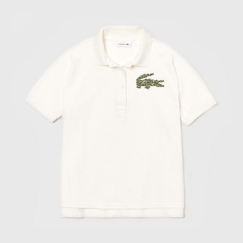 LACOSTE Women's Relaxed Fit Croco Magic Logo Piqué Polo (White) - Size L
