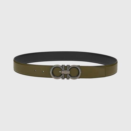 FERRAGAMO Reversible and adjustable Gancini belt Black/Olive Green size 105