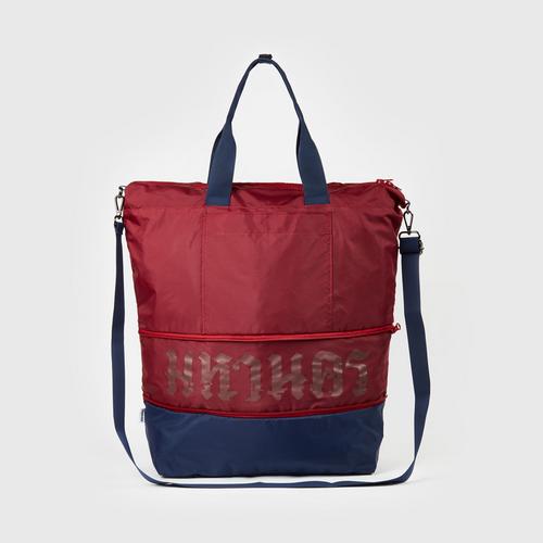MAHANAKHON Expandable Folding Tote Bag With Luggage Sleeve Burgundy&Navy